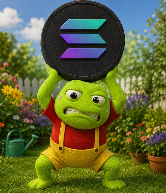 A 3D-rendered green cartoon character resembling Pepe the Frog, wearing red and yellow overalls, straining to hold up a large black Solana (SOL) logo coin in a sunny garden setting.