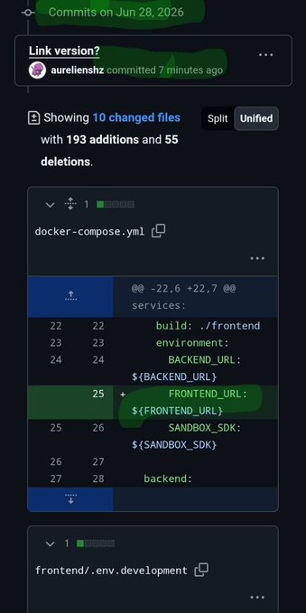 A GitHub pull request by user "aurelienhz" showing 10 changed files with 193 additions and 55 deletions, including modifications to docker-compose.yml that add a new FRONTEND_URL environment variable, likely related to Pi Network's Smart Payments Gateway integration.