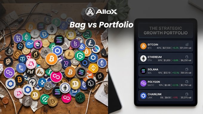 The image shows a collection of various colored coins, including Bitcoin and Etherium, scattered across a table or desk. The text above the coins reads "bag vs portfolioo", which suggests that there might be a comparison between using a bag (or a portfolio) for carrying digital assets like cryptocurrencies and having them randomly scattered around without any organization or strategy. The post promotes an AI-based approach to investing in crypto, where the system would analyze market trends and patterns to build a diversified portfolio tailored to individual preferences and risk tolerance levels.