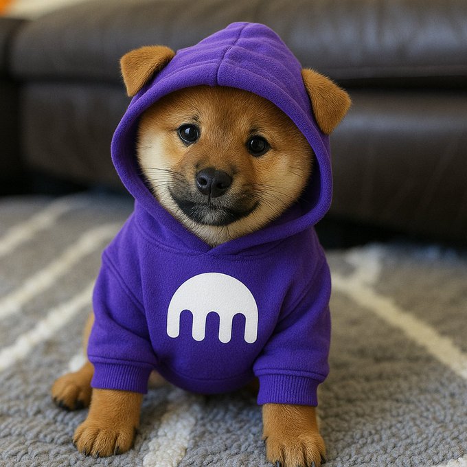 An adorable Shiba Inu puppy sits on a gray carpet wearing a purple hoodie with a white rounded logo, with a dark leather couch in the background.