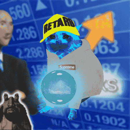 A digital collage with stock market numbers in the background, featuring a blue pug-like creature wearing a yellow 'BETARB' hat, a 'Supreme' label, holding a crystal ball, alongside a partial human figure and dog.