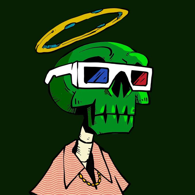 A cartoon illustration of a green skull wearing red-and-blue 3D glasses, a golden halo, and a pink striped shirt with a gold chain, set against a dark green background.