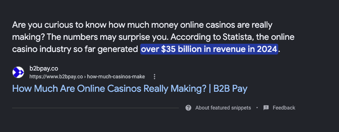 A featured snippet from B2B Pay highlights that online casinos generated over $35 billion in revenue in 2024, reinforcing the post's bullish case for the crypto token $NET by underscoring the massive market potential of the online gaming industry.