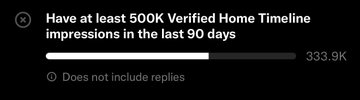 The image shows an eligibility requirement stating "500K Verified Home Timeline impressions in the last 90 days," with a progress bar currently filled to "336.9K," matching the figure mentioned in the post and indicating the user is roughly two-thirds of the way to meeting the threshold.