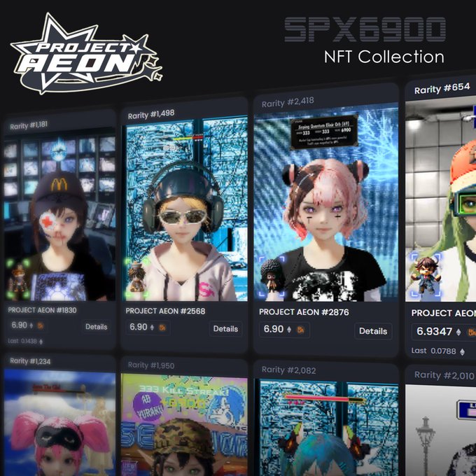 A screenshot of an NFT collection website titled 'SPX6900 NFT Collection' showing various digital avatars with different rarity rankings, including 'PROJECT AEON' listings priced at 6.90.