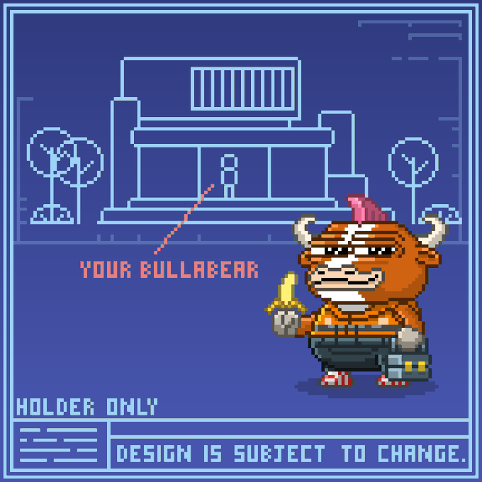 A pixel art 'Bullabean' character holding a banana and a boombox, set against a blueprint-style background of a building and trees, with text reading 'YOUR BULLABEAN', 'HOLDER ONLY', and 'DESIGN IS SUBJECT TO CHANGE'.