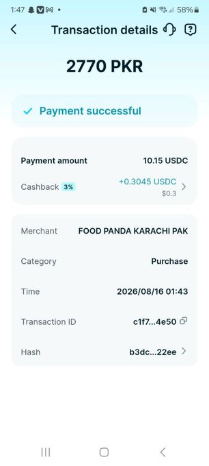 A mobile screenshot showing a 'Transaction details' screen for a successful payment of 2770 PKR (10.15 USDC + 0.3045 USDC cashback) to the merchant 'FOOD PANDA KARACHI PAK' on 2026/08/16.