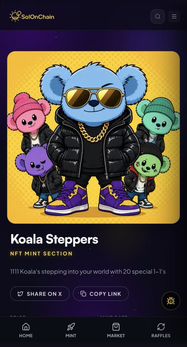 A mobile screenshot of "SolOnChain" showing an NFT mint section titled "Koala Steppers," featuring cartoon koalas in streetwear, with 1,111 Koalas available in 20 special 1-1s.