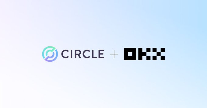 The image displays the logos of "CIRCLE" and "OKX" side by side with a plus sign between them against a light blue gradient background, visually representing the partnership announcement between Circle and OKX to expand USDC liquidity and trading utility across OKX's platform.