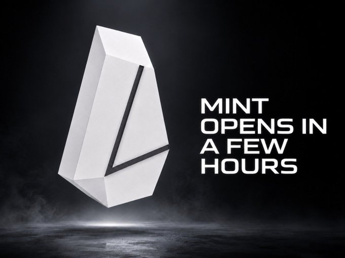 The image features a white paper object, possibly a diamond or a cube-shaped piece of art, floating in mid-air against a black background. The text "MONOLIDY MINT GOES LIVE IN A FEW HOURS." is written below this object, indicating that the item is being released live soon.