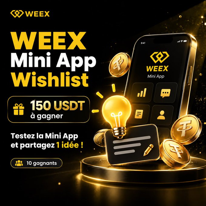 A gold and black promotional graphic from WEEX advertising its Mini App Wishlist campaign, offering 150 USDT to 10 winners ('Testez la Mini App et partagez 1 idée !'), featuring a smartphone displaying the app, a glowing lightbulb, and Tether coins.