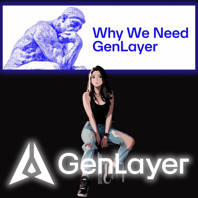 An anime-style female character posing in front of a graphic with text reading 'Why We Need GenLayer' and the GenLayer logo.