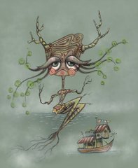 A whimsical illustration depicts a surreal tree creature with a face on its trunk and branches sprouting green leaves, floating above water near a small boat with a figure inside.