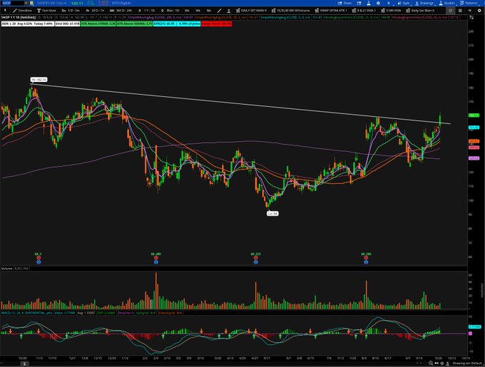 A detailed stock trading chart for HBI showing candlestick patterns, multiple moving averages (20, 50, 100, 200 EMA), MACD indicator, and volume bars on the thinkorswim platform.
