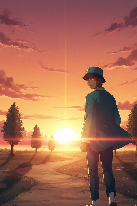 An anime-style illustration of a person in a bucket hat and blue coat standing on a path at sunset, with another figure visible in the distance.