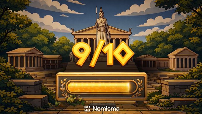 A digital illustration featuring ancient Greek-style architecture with a statue of a goddess holding a spear, overlaid with large golden '9/10' text and an empty progress bar, branded with 'Nomisma' at the bottom.