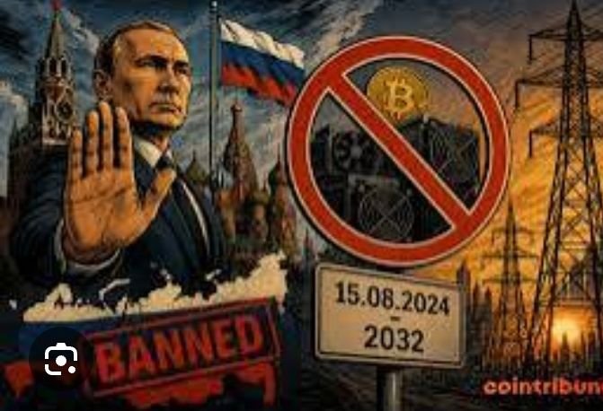 A dramatic illustration depicts Vladimir Putin holding up his hand alongside a Russian flag and the Kremlin, with a large "no" symbol over Bitcoin and a sign reading "15.08.2024 - 2032" with a "BANNED" stamp. The image visually reinforces the post's claim about Russia's ban on cryptocurrency mining in Moscow and Kursk under Decree No. 936, symbolizing the official prohibition of Bitcoin activities.