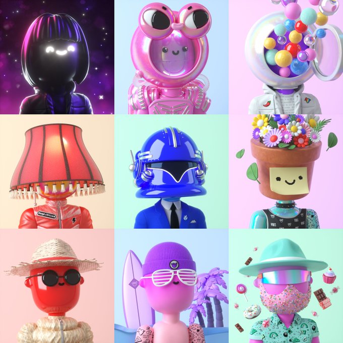 A 3x3 grid of nine whimsical 3D-rendered character portraits featuring colorful, stylized figures with oversized heads—including a space-helmeted astronaut, a pink frog-like creature, a flower pot, and a beach hat with sunglasses—against pastel backgrounds.

The image complements the "happy Gridday" post as a vibrant, celebratory NFT-style collection showcase, with each character embodying fun, playful vibes fitting for a Friday greeting to the web3 community.