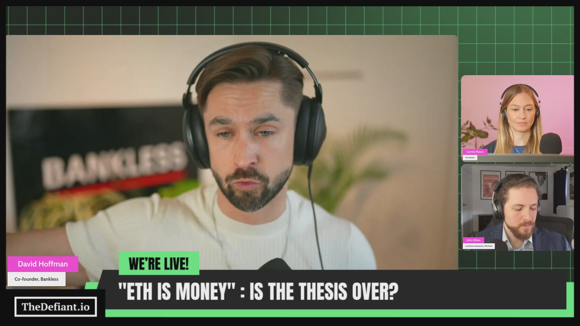 The image shows a man wearing headphones, sitting at his computer with a screen displaying a video call from three people. The first person is seated behind him, while the other two are positioned across the room. They appear to be engaged in a conversation or discussion on a topic related to Bitcoin and cryptocurrency.