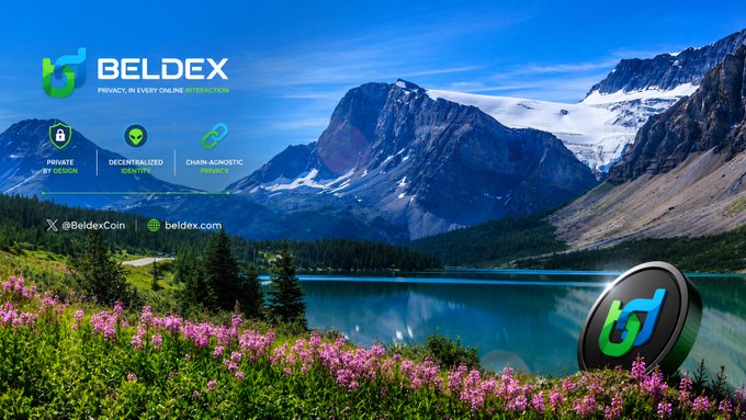 A promotional banner for BELDEX set against a scenic mountain and lake backdrop, highlighting features like "PRIVATE BY DESIGN," "DECENTRALIZED IDENTITY," and "CHAIN-AGNOSTIC PRIVACY," with social handles @BeldexCoin and beldex.com.
