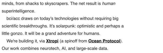 Text excerpt discussing brain-computer interfaces mentioning 'human superintelligence', 'bci/acc', 'Xtropl', and 'Ocean Protocol', describing it as 'solarpunk'.