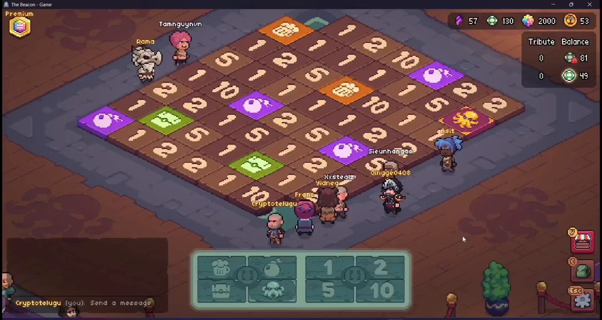 The image shows a video game screen with a group of people standing around a table, playing a board game that has purple squares on it. The players are engaged in the game, which appears to be a strategy-based game involving tiles and numbers. The main focus is on the number 12, as it appears multiple times across the game board. The players seem to be enjoying themselves, with some of them standing closer to the table while others are further away.