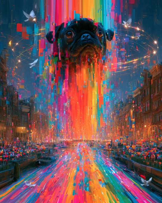 A vibrant digital artwork featuring a pug's face melting into a cascade of rainbow-colored pixelated streaks over a bustling city street, with white doves flying around. The explosive, party-like atmosphere of the image perfectly complements the "TEZOS PARTY" theme, visually capturing the energetic and festive spirit of getting the celebration started.