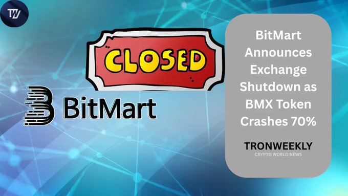The image shows a BitMart promotional graphic featuring the company's logo alongside a red "CLOSED" ticket, with text from TronWeekly stating "BitMart Announces Exchange Shutdown as BMX Token Crashes 70%," visually reinforcing the accompanying post about BitMart's surprise closure and the dramatic drop in its BMX token.