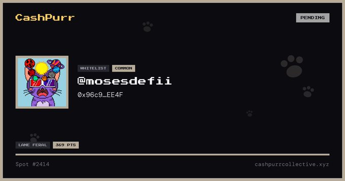 A "CashPurr" digital collectible card displays pixel art of a purple cat character with "@mosesdefii" as the owner (0x96c9...EE4F), marked as #2414 with a "Lane Feral" badge showing "369 PTS" and a "PENDING" status. The image aligns with the post about earning 369 points and being part of the 5,555 cat collection on Robinhood Chain under the CashPurr project.