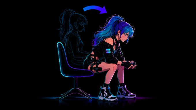 An anime-style girl with blue hair sits hunched over a game controller, with a faint shadowy outline of herself sitting upright behind her and a blue arrow pointing from the shadow to her current posture—visually representing the transition from distraction to focus, fitting the post's message about "locking in."