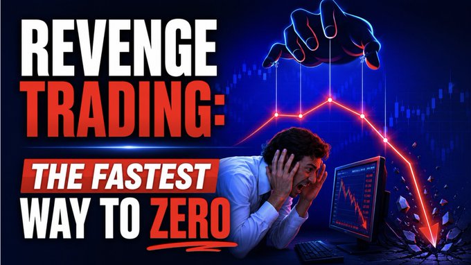 The image is a YouTube-style thumbnail featuring bold text reading "REVENGE TRADING: THE FASTEST WAY TO ZERO" alongside a stressed man clutching his head in front of a crashing stock chart with a shadowy hand pulling puppet strings, visually capturing the emotional spiral of trying to immediately recover losses described in the post.