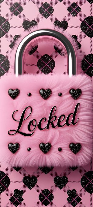 A pink phone lock screen featuring a fluffy pink case, black glittery heart decorations, false eyelashes on the lock icon, and the word 'Locked' in elegant script.