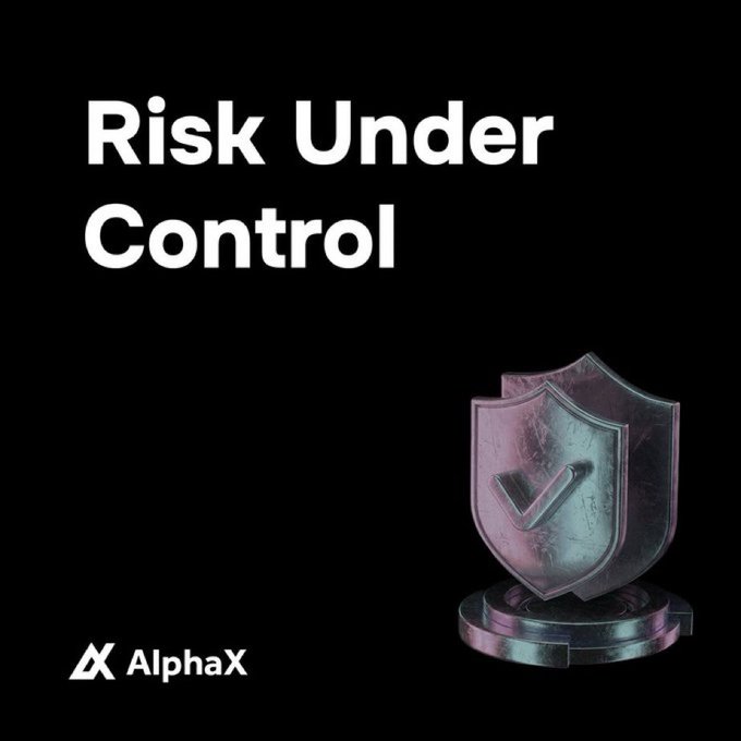 A promotional graphic with the text 'Risk Under Control' and an AlphaX logo alongside a metallic shield with a checkmark.