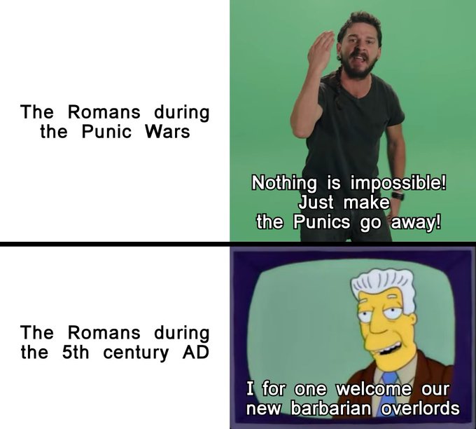 A four-panel meme about Romans: the top shows a man with text 'Nothing is impossible! Just make the Punics go away!' representing Romans during the Punic Wars, while the bottom shows a Simpsons character saying 'I for one welcome our new barbarian overlords' representing Romans during the 5th century AD.