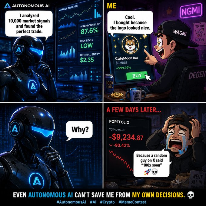 The images present an artistic representation of a robot character's experiences with cryptocurrencies, specifically Solana and Bitcoin, as well as the risks associated with using them for malicious activities or conducting illegal transactions. The post highlights the importance of ethical practices when it comes to Autonomous AI in various contexts such as trading, data privacy, and AI-related decision making.
