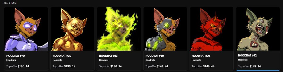 A grid of NFT collectibles titled "HOODRATS" featuring various illustrated bat-like creatures in different colors, with top offer prices listed below each.