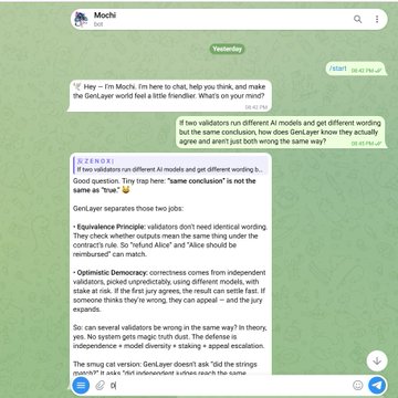 A Telegram chat with 'Mochi' discussing GenLayer validators, explaining that if two validators run different AI models and get different wordings but the same conclusion, they should reach the same answer despite 'Equivalence Principle' and 'Optimistic Democracy' nuances.