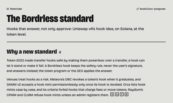 A screenshot of a webpage titled "The Bordrless standard," explaining hooks that answer rather than approve on Solana, with sections like "Why a new standard."
