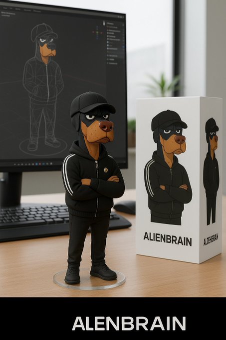 A 3D rendered figurine of a dog character wearing a black cap and tracksuit, standing next to its packaging box labeled 'ALIENBRAIN', with a 3D modeling program displayed on the monitor behind it.