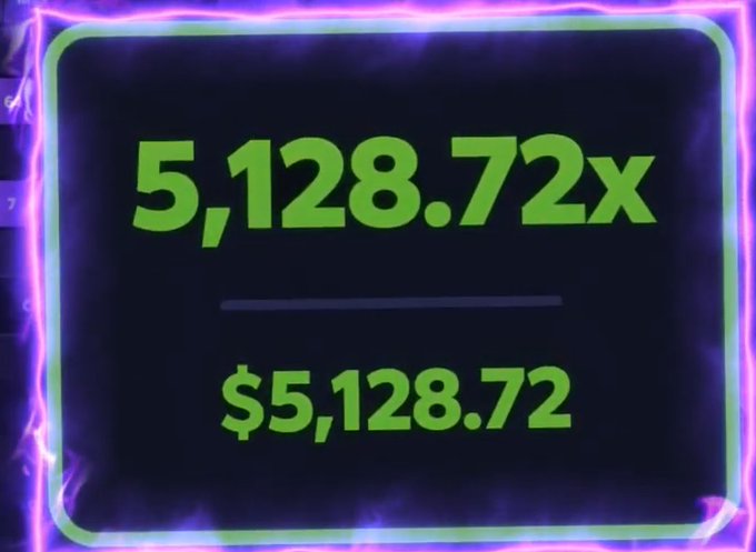The image shows a striking display with a neon purple and green electric border, featuring the text "5,128.72x" above "$5,128.72" in bold green lettering on a dark background. This visual represents the massive multiplier win from the user's first attempt at Roo mines, turning a $1 bet into $5,128.72—a result they're celebrating in a giveaway post for their followers.