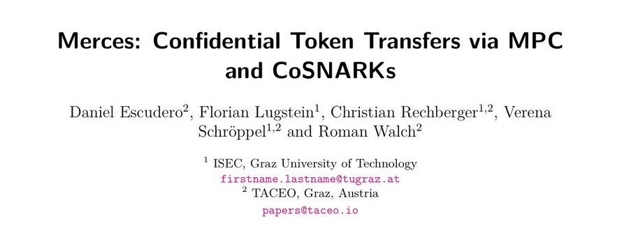 The image shows the title slide of a research paper titled "Merces: Confidential Token Transfers via MPC and CoSNARKs" by Daniel Escudero, Florian Lugstein, Christian Rechberger, Verena Schröpple, and Roman Walch, affiliated with ISEC at Graz University of Technology and TACEO in Graz, Austria. This relates to the post announcing that the Merces protocol, which enables confidential token transfers through their financial privacy solution using Multi-Party Computation (MPC) and coSNARKs, was accepted at the CANS conference, with the paper providing formal security proofs of coSNARKs' trust-minimizing properties.