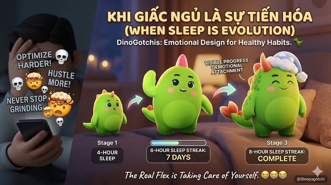 The image features a poster with three cartoon dinosaurs, each representing different stages of sleep. The first dinosaur represents stage 1 (light sleep), the second one represents stage 2 (deep sleep), and the third one represents stage 3 (REM sleep). The poster also includes text in another language that translates to "When Sleep is Evolution".