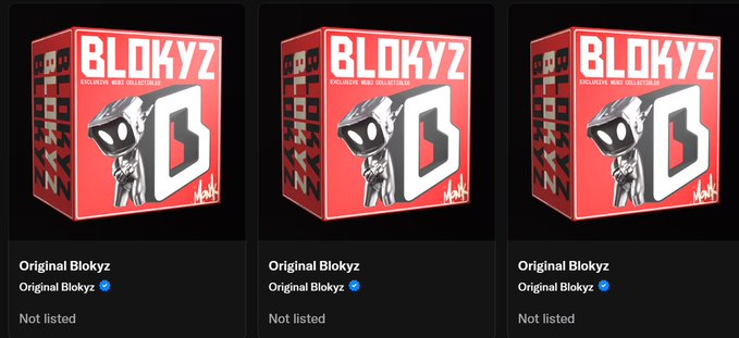 Three identical red 'BLOKYZ' collectible boxes featuring a robot character are displayed, all labeled 'Original Blokyz', 'Not listed', and marked IIA-NFT.