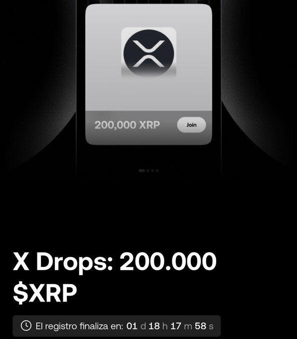 Promotional graphic for an OKX campaign titled "X Drops: 200,000 XRP," featuring the XRP logo and a countdown timer showing 01 day, 18 hours, 17 minutes, and 58 seconds remaining for registration ("El registro finaliza en...").