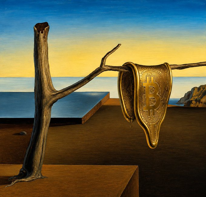 A surrealist painting depicts a barren tree with a golden Bitcoin cryptocurrency coin draped over one of its branches, set against a serene seascape and twilight sky reminiscent of Salvador Dalí's style. The prominent "B" Bitcoin logo is clearly visible on the gold coin's surface.