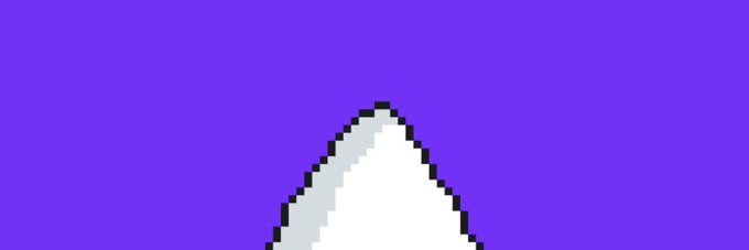 A pixel art image featuring a white mountain peak with gray shading at the top, set against a solid purple background.