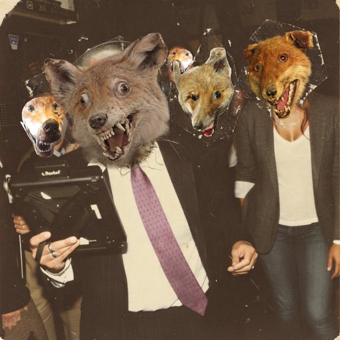 A surreal, vintage-style photo of three people dressed in business attire wearing unsettling animal masks (a dog, a wolf, and two foxes).