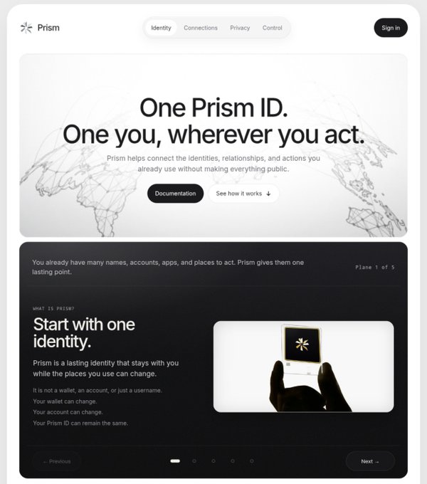 A website screenshot for 'Prism' displaying the tagline 'One Prism ID. One you, wherever you act' over a wireframe globe graphic.