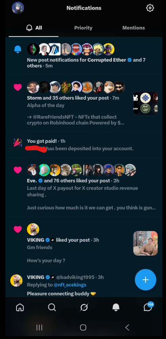 A smartphone screenshot of X (Twitter) notifications showing likes from @RareFriendsNFT and Storm, a payment received, and messages from VIKING including 'Gm friends' and a reply about 'onft_aeckings'.