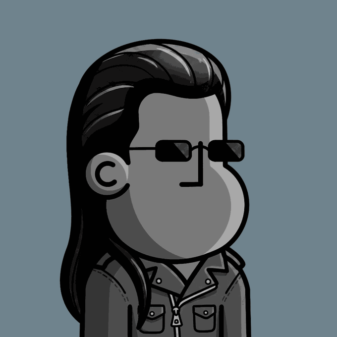 A grayscale cartoon avatar of a person with long dark hair, rectangular sunglasses, and a leather jacket is shown against a blue background. The image serves as a profile picture for someone excited about receiving their first NPC OnChain token, humorously questioning if they've arrived late to the party.